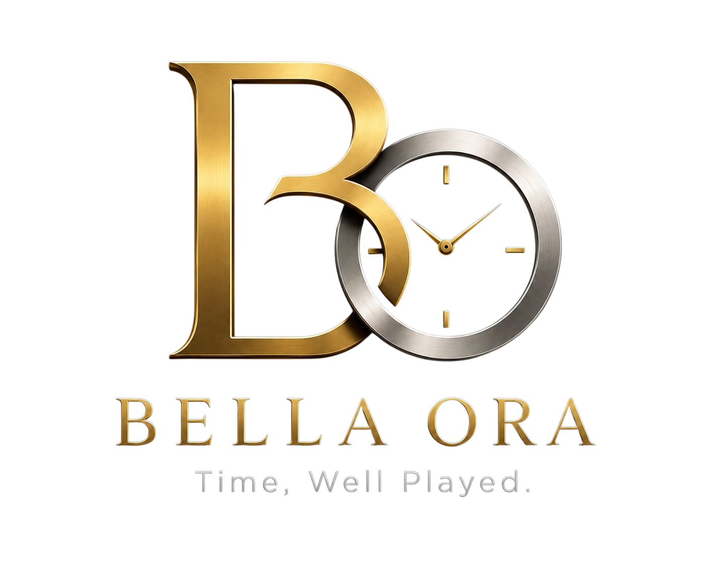 Bella Ora — a gold B beside a silver watch face, above the Bella Ora wordmark and the tagline Time, Well Played.